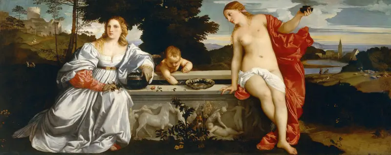 Heilige und profane Liebe (Öl auf Leinwand) von Tizian